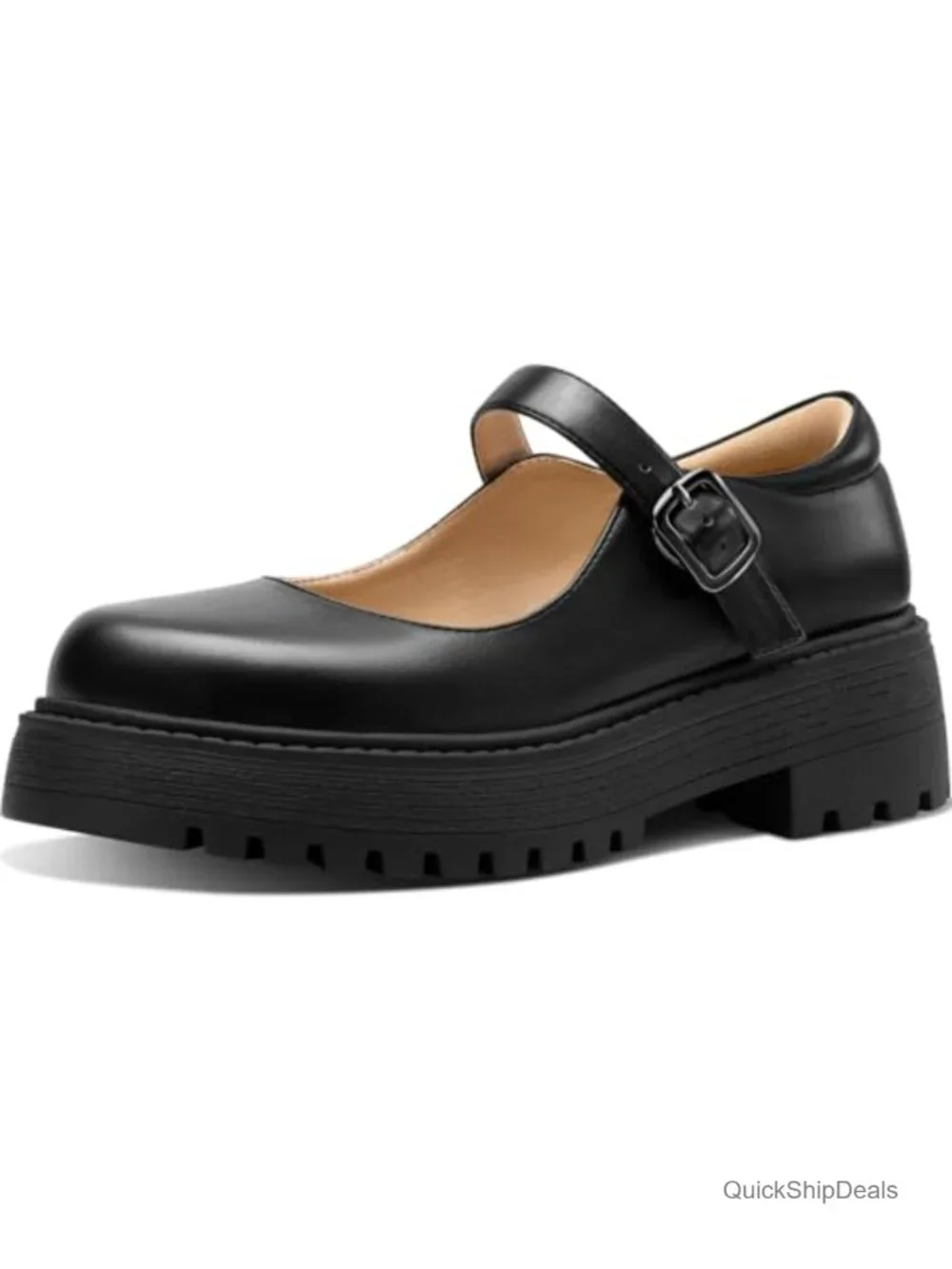 Women's Mary Jane Platform Shoes - Chunky Lug Sole Oxfords, Round Toe Buckle